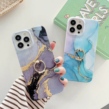 Anymob iPhone Case Blue Green Gradient Glitter Marble Pattern Ring Holder Stand Soft Silicone Shockproof Coque Mobile Cover iPhone 12 11 13 Pro Max-Mobile Phone Cases-PEROZ Accessories