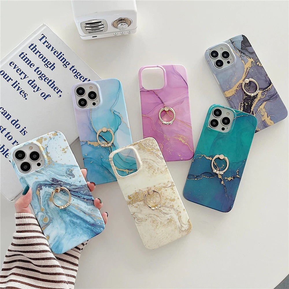 Anymob iPhone Case Blue Green Gradient Glitter Marble Pattern Ring Holder Stand Soft Silicone Shockproof Coque Mobile Cover iPhone 12 11 13 Pro Max-Mobile Phone Cases-PEROZ Accessories
