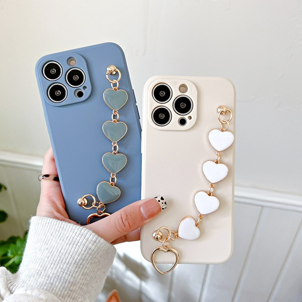 Anymob iPhone Phone Case Beige Heart Chain Hand Strap Apple Back Mobile Cover for IOS 13 Pro Max 12 MiNi 11 Pro XR XS X 7 8 Plus 6 6S SE Compatible-Mobile Phone Cases-PEROZ Accessories