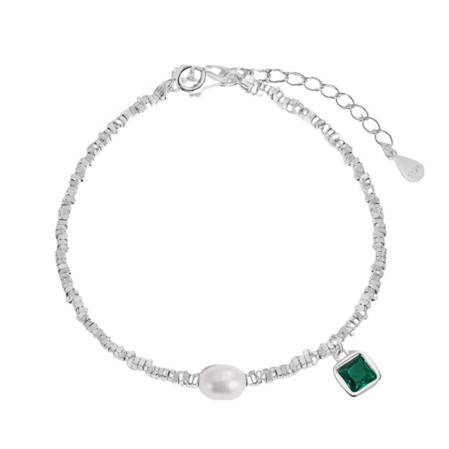 Anyco Bracelet Stylish S925 Silver Rhodium Plated Beaded Fresh Water Pearl Emerald Green 5A Zirconia Pendant Bracelets-Bracelets-PEROZ Accessories