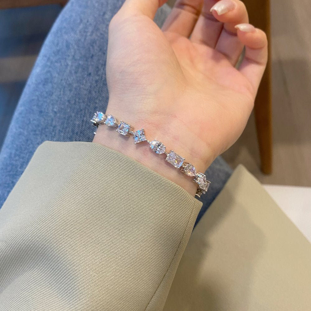 Anyco Bracelet S925 Sterling Silver Rhodium Plated Square Oval Teardrop Shape Zirconia Tennis Bangles-Bracelets-PEROZ Accessories