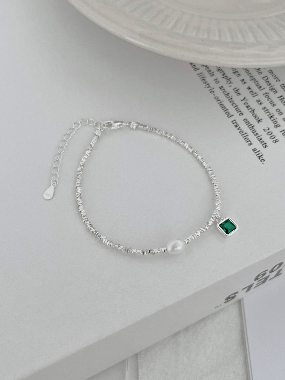 Anyco Bracelet Stylish S925 Silver Rhodium Plated Beaded Fresh Water Pearl Emerald Green 5A Zirconia Pendant Bracelets-Bracelets-PEROZ Accessories