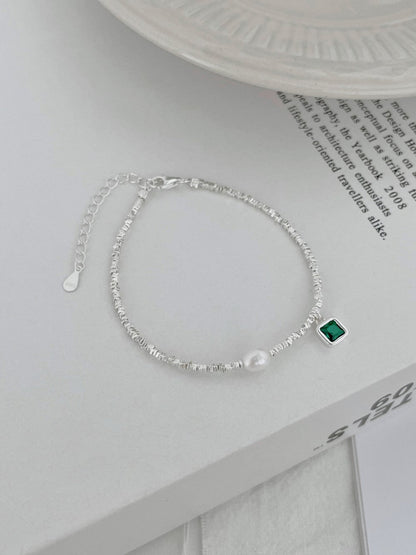 Anyco Bracelet Stylish S925 Silver Rhodium Plated Beaded Fresh Water Pearl Emerald Green 5A Zirconia Pendant Bracelets-Bracelets-PEROZ Accessories