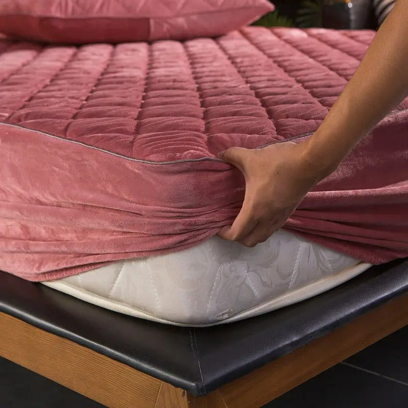Anyhouz Mattress Cover Bean Red 180x200cm Crystal Velvet Thicken Quilted Warm Soft Plush Bed Sheet-Bed Sheets-PEROZ Accessories