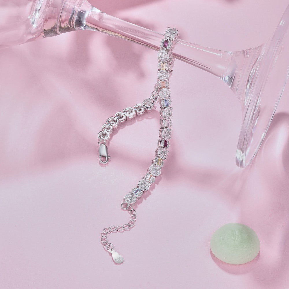 Anyco Bracelet Square Shape Colorful S925 Sterling Silver Bracelet Jewelry Set Cubic Zirconia Pink Stone Diamond Tennis Bracelets Women-Bracelets-PEROZ Accessories