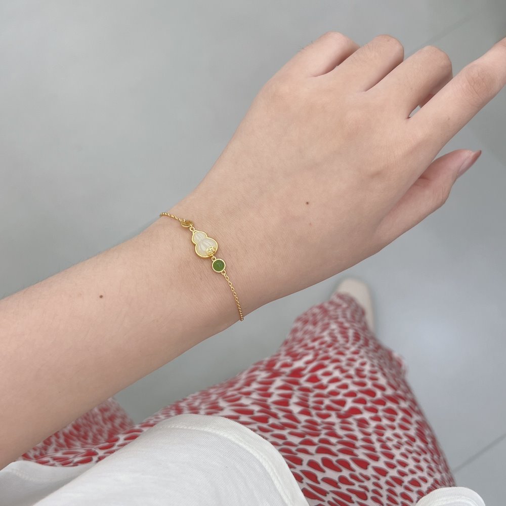 Anyco Bracelet 18K Gold Plated Bracelet Bangle Natural Hetian Jade Fulu Gourd Bracelets Women-Bracelets-PEROZ Accessories