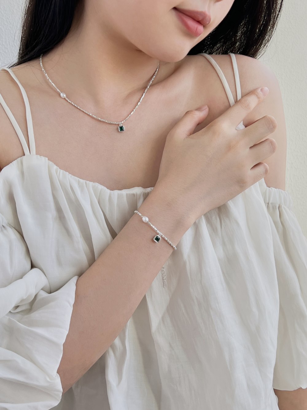 Anyco Bracelet Stylish S925 Silver Rhodium Plated Beaded Fresh Water Pearl Emerald Green 5A Zirconia Pendant Bracelets-Bracelets-PEROZ Accessories