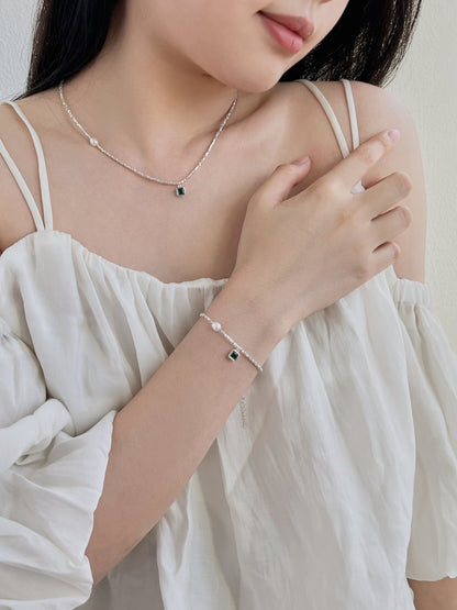Anyco Bracelet Stylish S925 Silver Rhodium Plated Beaded Fresh Water Pearl Emerald Green 5A Zirconia Pendant Bracelets-Bracelets-PEROZ Accessories