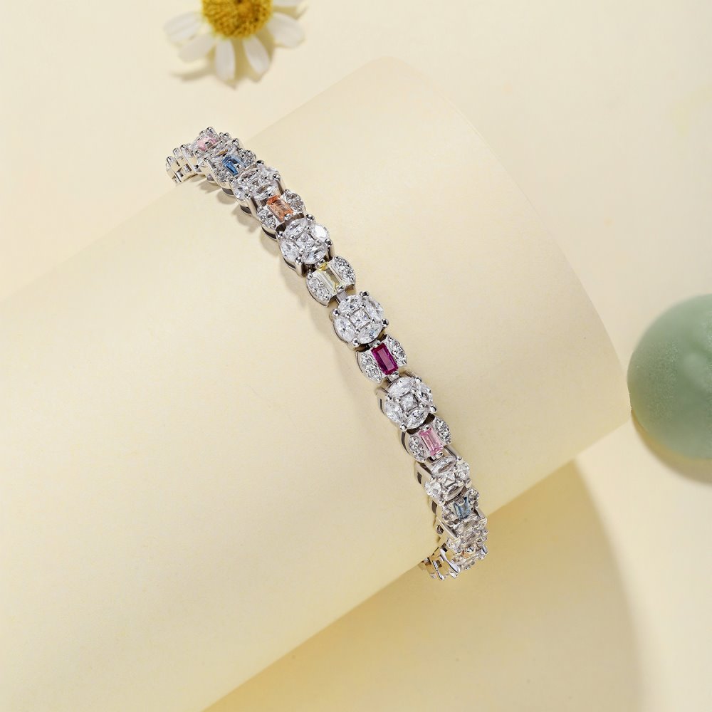 Anyco Bracelet Square Shape Colorful S925 Sterling Silver Bracelet Jewelry Set Cubic Zirconia Pink Stone Diamond Tennis Bracelets Women-Bracelets-PEROZ Accessories