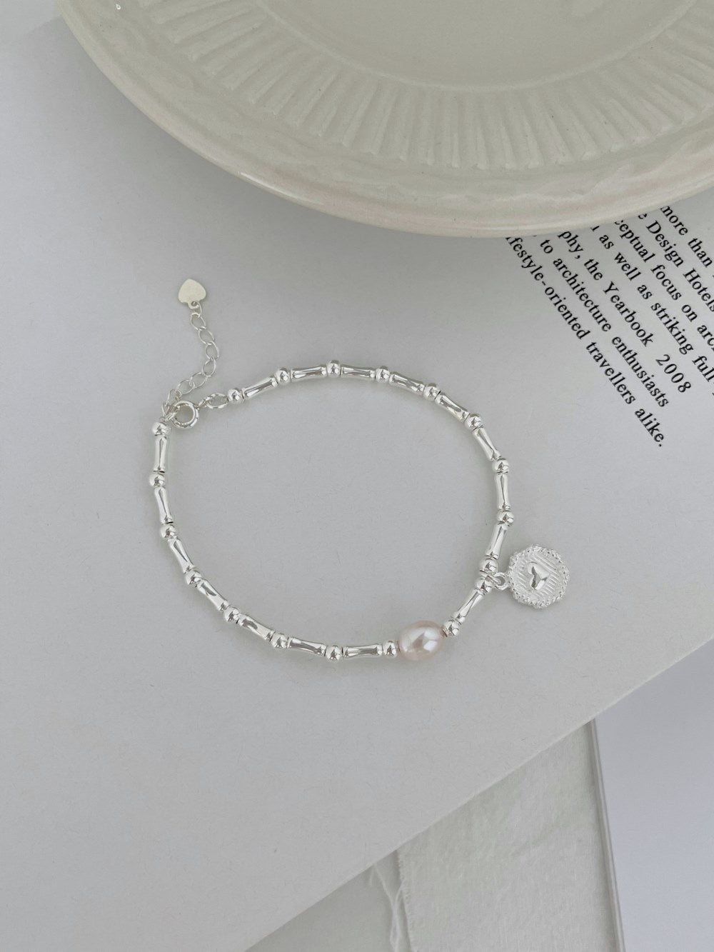 Anyco Bracelet Sterling Silver Rhodium Plated Bamboo Joint Chain Bead Circle Pendant Bracelets Women-Bracelets-PEROZ Accessories