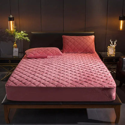 Anyhouz Mattress Cover Bean Red 180x200cm Crystal Velvet Thicken Quilted Warm Soft Plush Bed Sheet-Bed Sheets-PEROZ Accessories