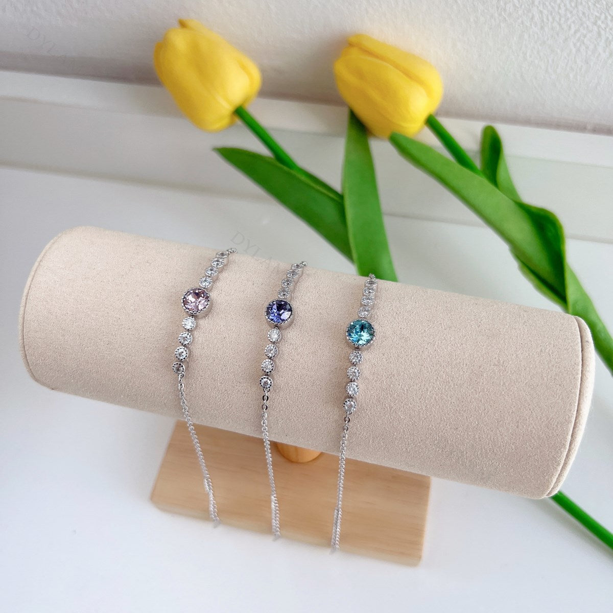 Anyco Bracelet 925 Sterling Silver Violet Pendant Charm Link Chain Austrian Crystal Jade Dainty Solitaire-Bracelets-PEROZ Accessories