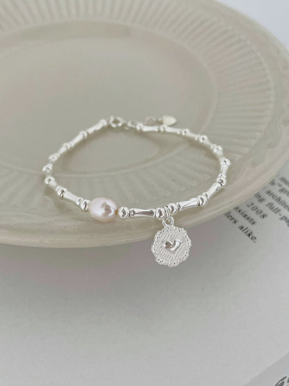 Anyco Bracelet Sterling Silver Rhodium Plated Bamboo Joint Chain Bead Circle Pendant Bracelets Women-Bracelets-PEROZ Accessories
