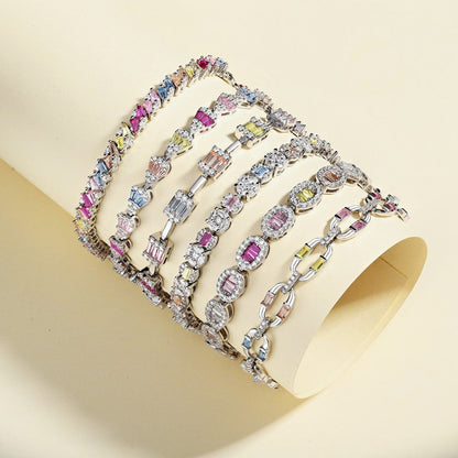 Anyco Bracelet Square Shape Colorful S925 Sterling Silver Bracelet Jewelry Set Cubic Zirconia Pink Stone Diamond Tennis Bracelets Women-Bracelets-PEROZ Accessories