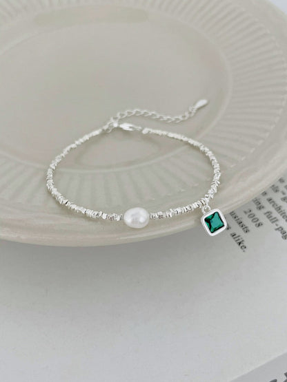 Anyco Bracelet Stylish S925 Silver Rhodium Plated Beaded Fresh Water Pearl Emerald Green 5A Zirconia Pendant Bracelets-Bracelets-PEROZ Accessories