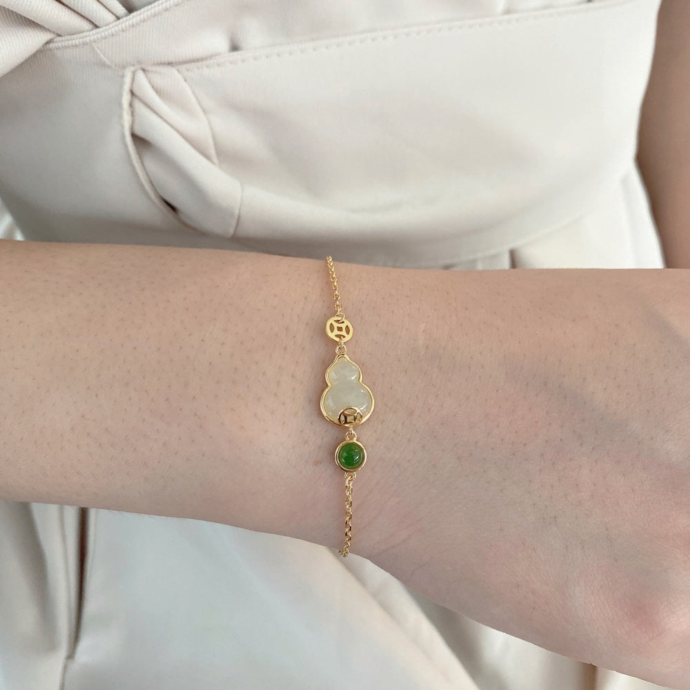 Anyco Bracelet 18K Gold Plated Bracelet Bangle Natural Hetian Jade Fulu Gourd Bracelets Women-Bracelets-PEROZ Accessories