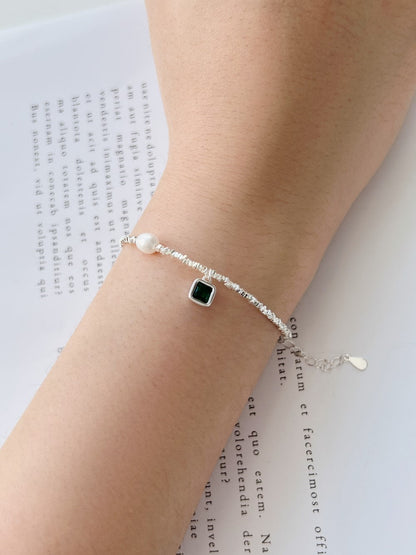Anyco Bracelet Stylish S925 Silver Rhodium Plated Beaded Fresh Water Pearl Emerald Green 5A Zirconia Pendant Bracelets-Bracelets-PEROZ Accessories