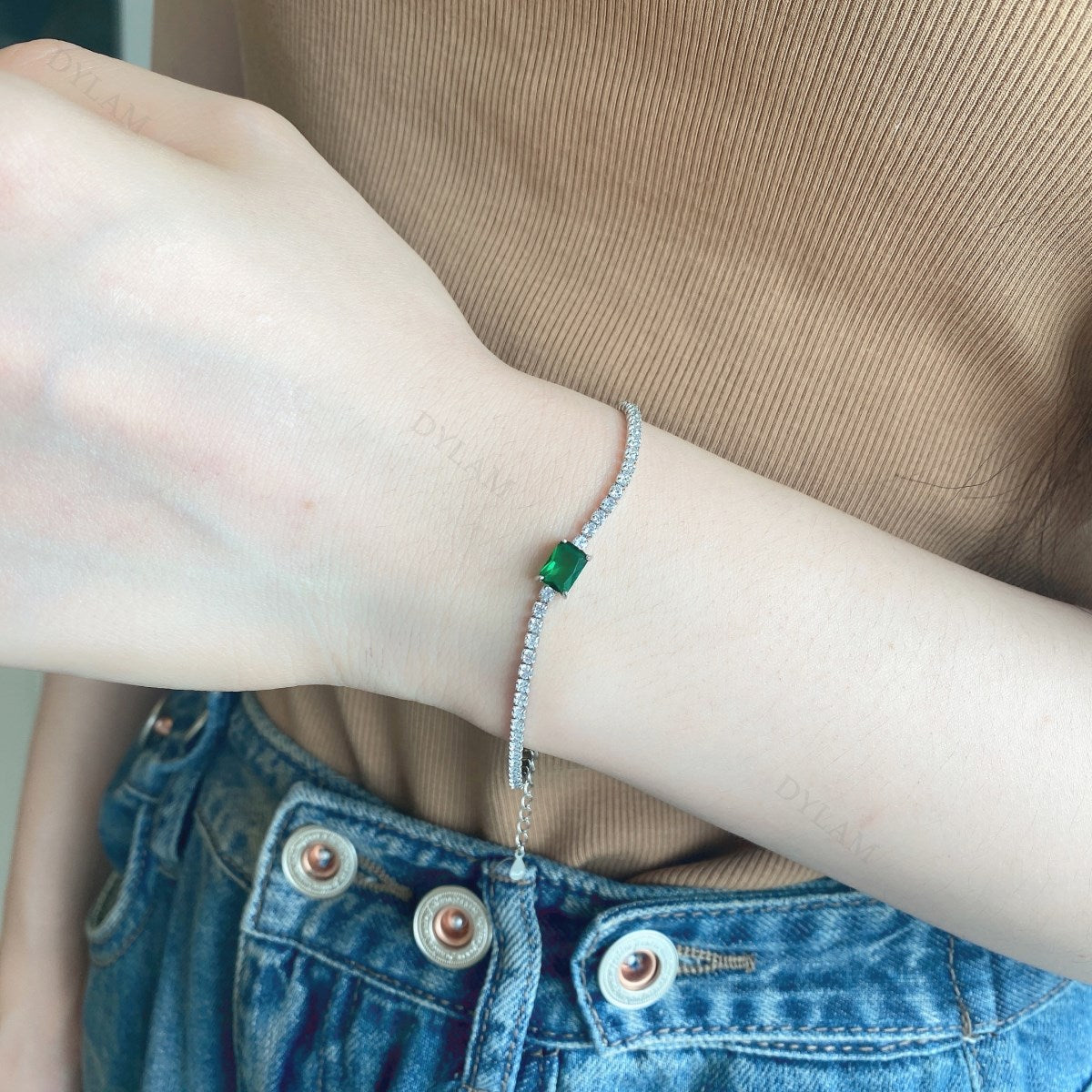 Anyco Bracelet Green Crystal Diamond Sterling Silver Cuban Chain Brass Cz Tennis Bracelets Colorful Square Women Bracelet-Bracelets-PEROZ Accessories