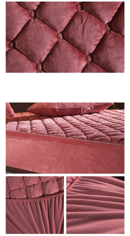 Anyhouz Mattress Cover Bean Red 180x200cm Crystal Velvet Thicken Quilted Warm Soft Plush Bed Sheet-Bed Sheets-PEROZ Accessories