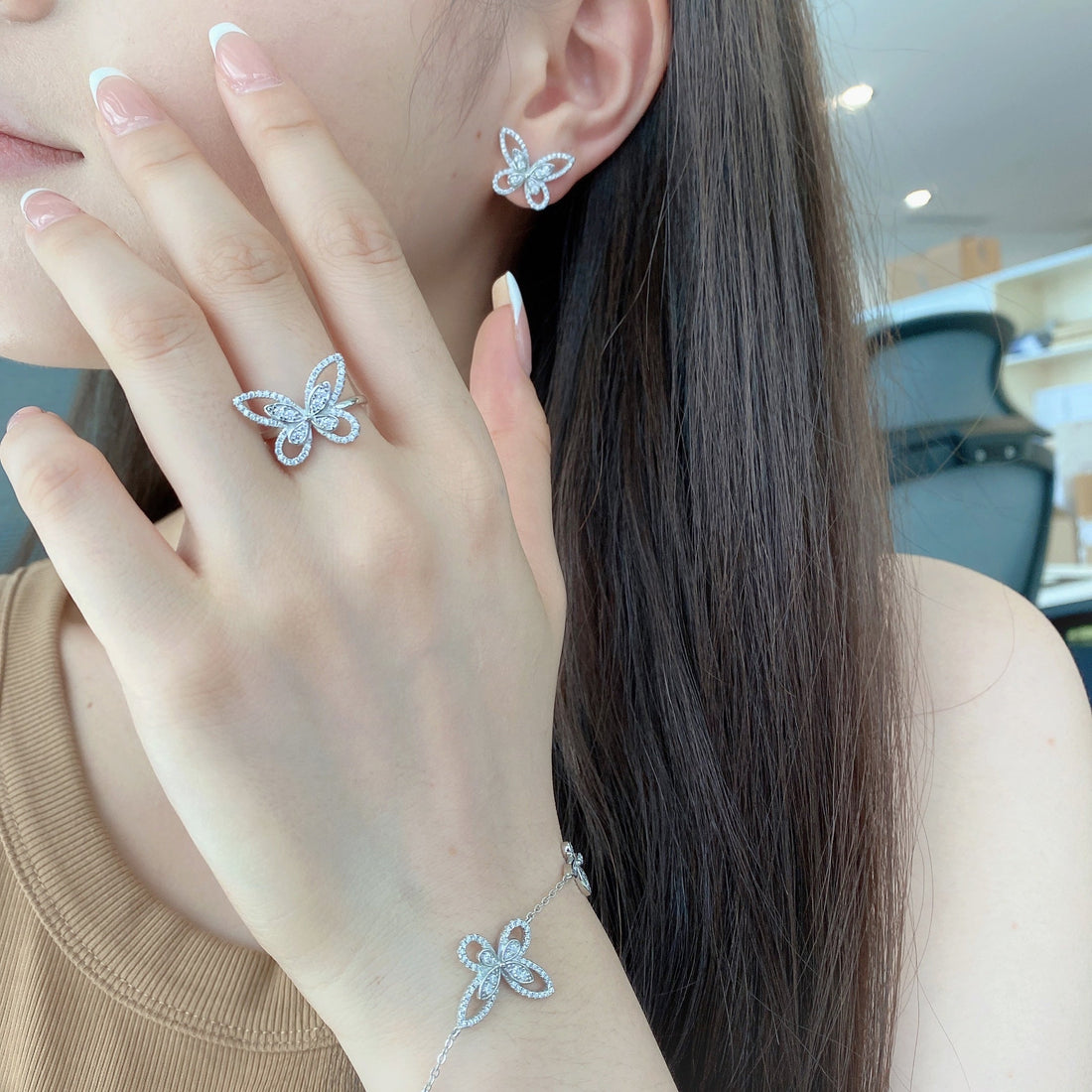 Anyco Bracelet Silver Butterfly Chain Cute Cuban Zircon Set Jewelry for Women-Bracelets-PEROZ Accessories