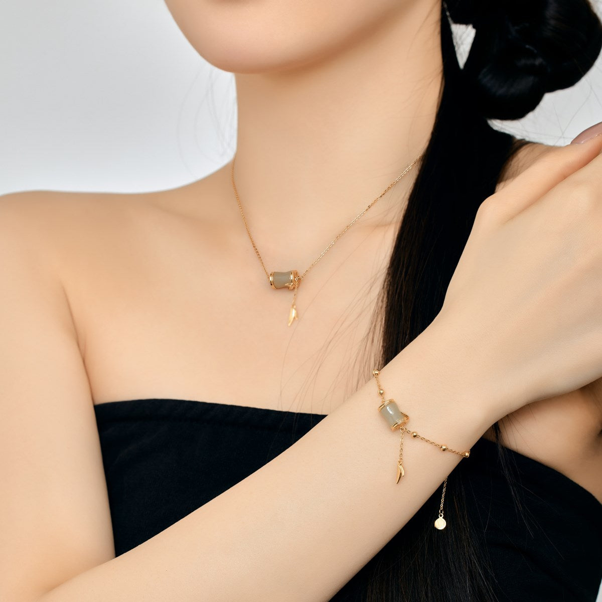 Anyco Bracelet S925 Gold Bamboo Joint Jade Bracelet Customize 22K Gold Plated Bracelets For Women Jewelry Necklaces Set-Bracelets-PEROZ Accessories