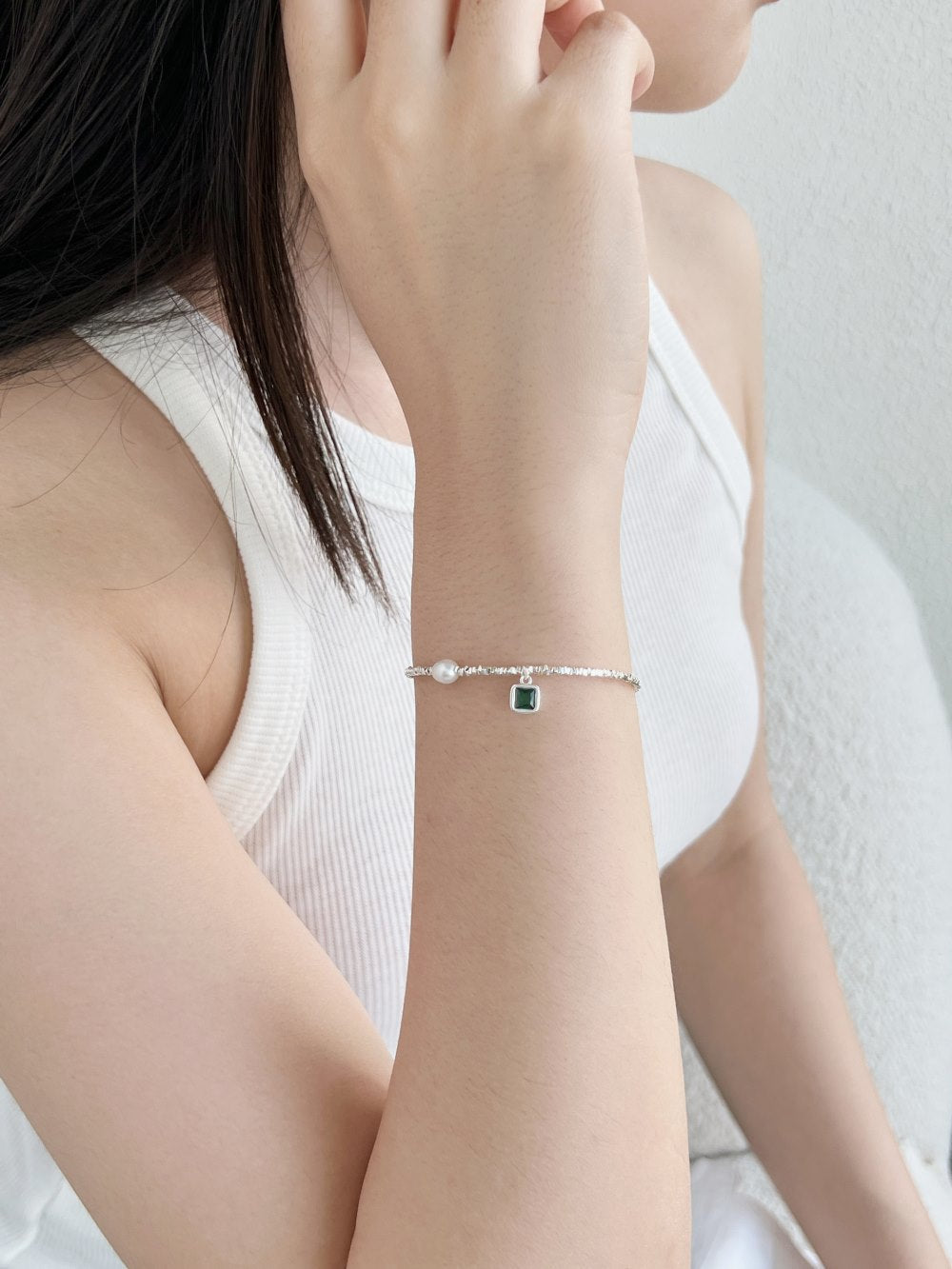 Anyco Bracelet Stylish S925 Silver Rhodium Plated Beaded Fresh Water Pearl Emerald Green 5A Zirconia Pendant Bracelets-Bracelets-PEROZ Accessories