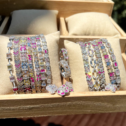 Anyco Bracelet Square Shape Colorful S925 Sterling Silver Bracelet Jewelry Set Cubic Zirconia Pink Stone Diamond Tennis Bracelets Women-Bracelets-PEROZ Accessories