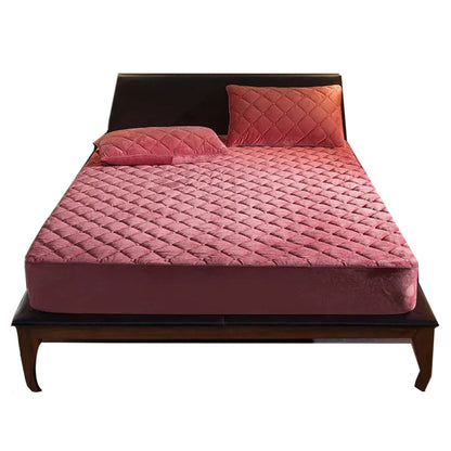 Anyhouz Mattress Cover Bean Red 180x200cm Crystal Velvet Thicken Quilted Warm Soft Plush Bed Sheet-Bed Sheets-PEROZ Accessories