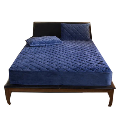 Anyhouz Mattress Cover Navy Blue 180x200cm Crystal Velvet Thicken Quilted Warm Soft Plush Bed Sheet-Bed Sheets-PEROZ Accessories