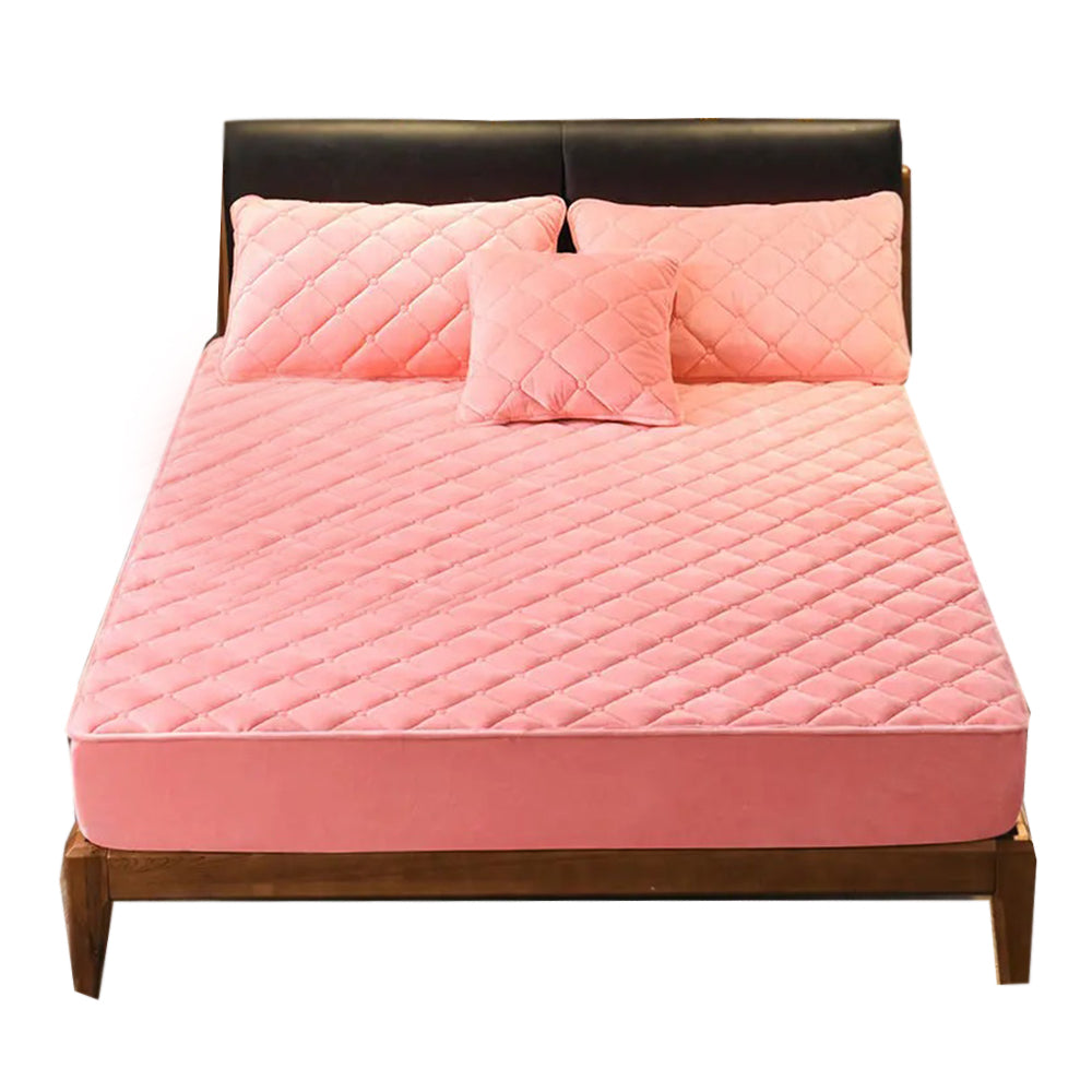 Anyhouz Mattress Cover Pink King Size Crystal Velvet Thicken Quilted Warm Soft Plush Bed Sheet-Bed Sheets-PEROZ Accessories