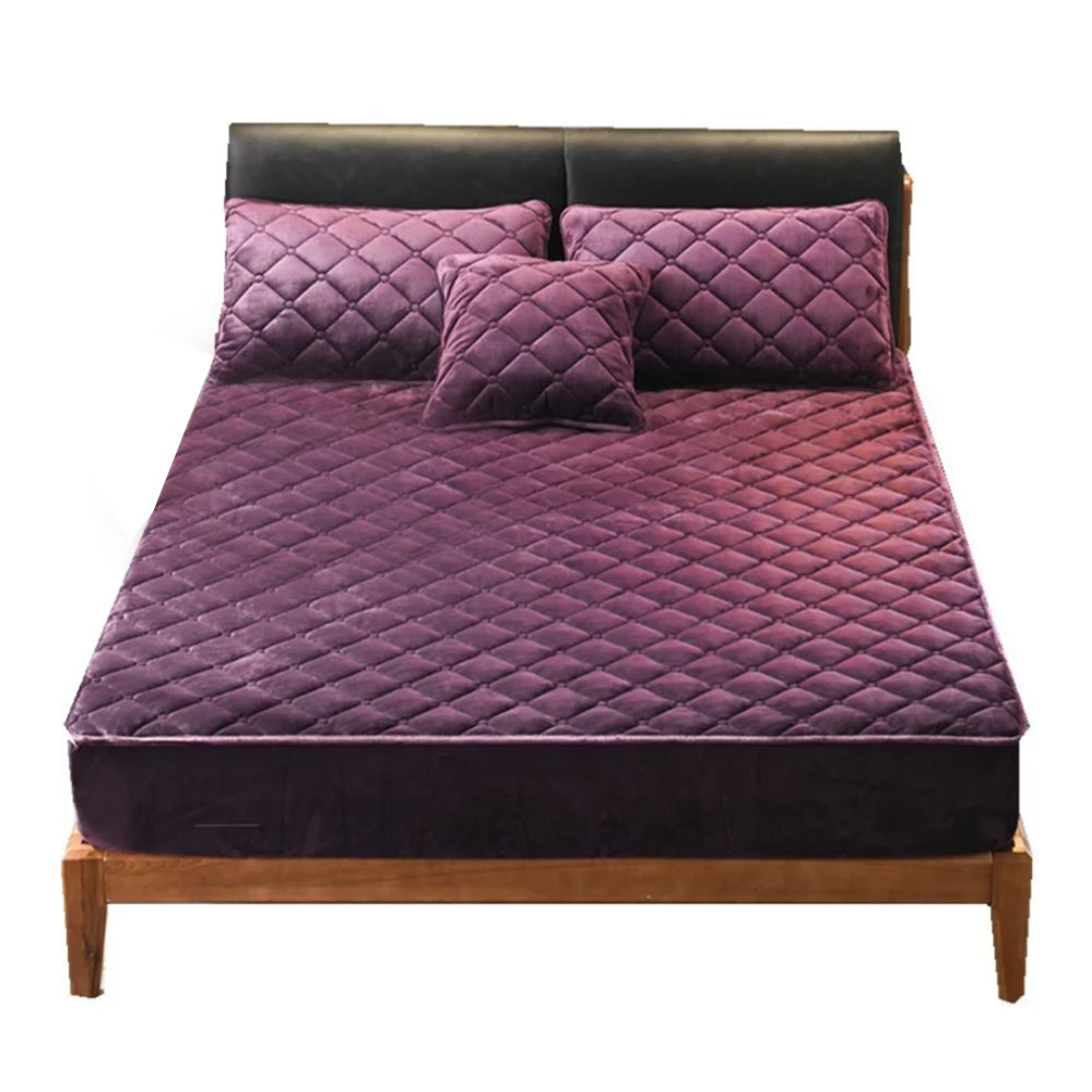 Anyhouz Mattress Cover Dark Purple 140x200cm Crystal Velvet Thicken Quilted Warm Soft Plush Bed Sheet-Bed Sheets-PEROZ Accessories