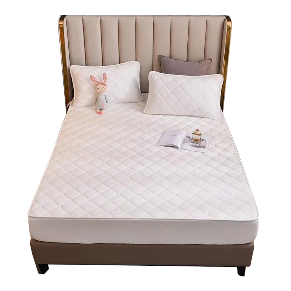 Anyhouz Mattress Cover Offwhite Queen Size Crystal Velvet Thicken Quilted Warm Soft Plush Bed Sheet-Bed Sheets-PEROZ Accessories