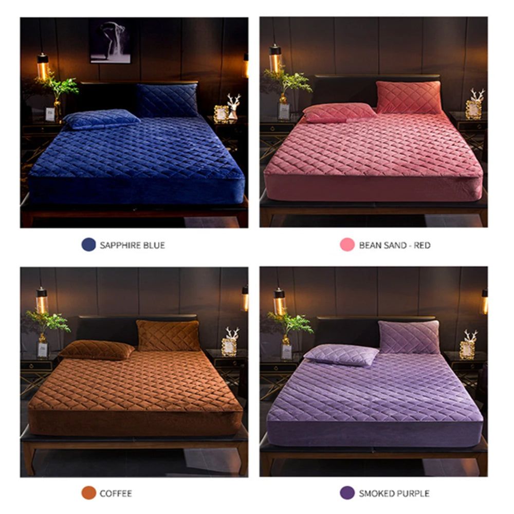 Anyhouz Mattress Cover Offwhite Queen Size Crystal Velvet Thicken Quilted Warm Soft Plush Bed Sheet-Bed Sheets-PEROZ Accessories