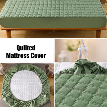 Anyhouz Mattress Cover Green Queen Size Waterproof Quilted Fitted Bed Sheet-Bed Sheets-PEROZ Accessories