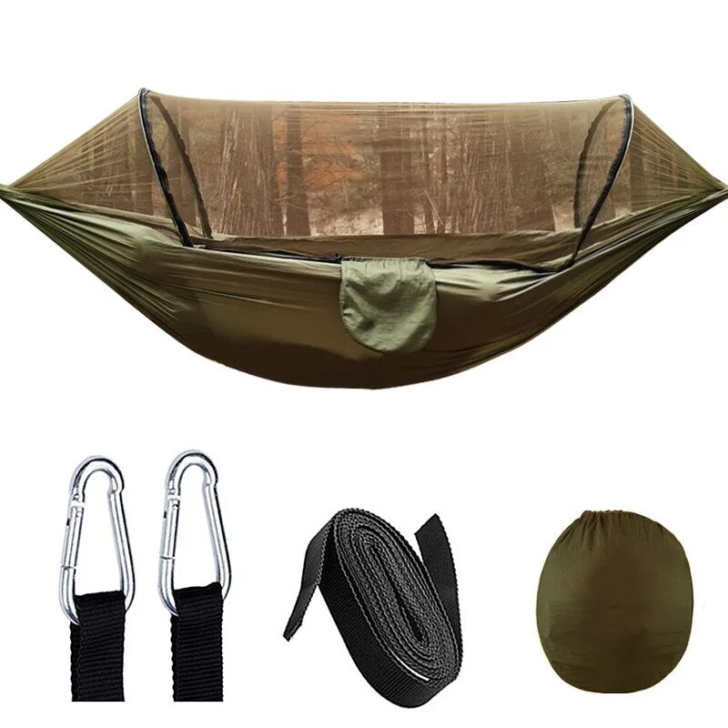 Anypack Camping Swing Chair Army Green 260X140Cm Mosquito Net Hammock Automatic Quick-Opening Outdoor Camping Pole Hammock Swing Anti-Rollover-Camping Essentials-PEROZ Accessories