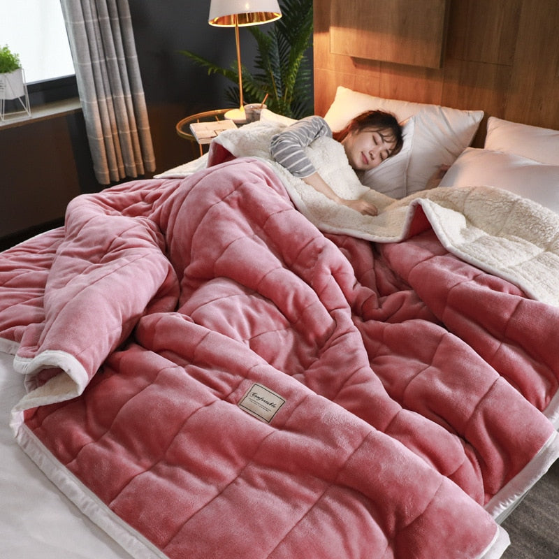 Anyhouz Blanket Dark Pink Coral Fleece Autumn Winter Warm 3 Layers Thicken Flannel Soft Comfortable Warmth Quilts Washable 150x200cm-Blankets-PEROZ Accessories