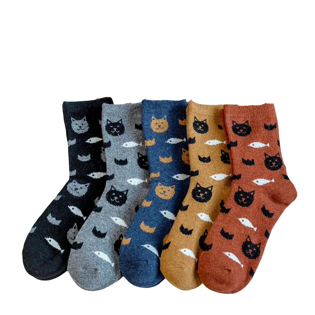 Anysox 5 Pairs Size 5-9 Mix Color Kittens Winter Thick And Warm Wool Socks Casual Euramerican National Wind-Flowers Fashion Cotton Socks-Socks-PEROZ Accessories