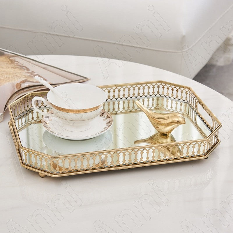 Anyhouz 29cm Gold Rectangle Glass Mirror Base Metal Vanity Food Serving Organisr Jewelry Cosmetics Storage Tray with Handle-Food &amp; Accessory Tray-PEROZ Accessories