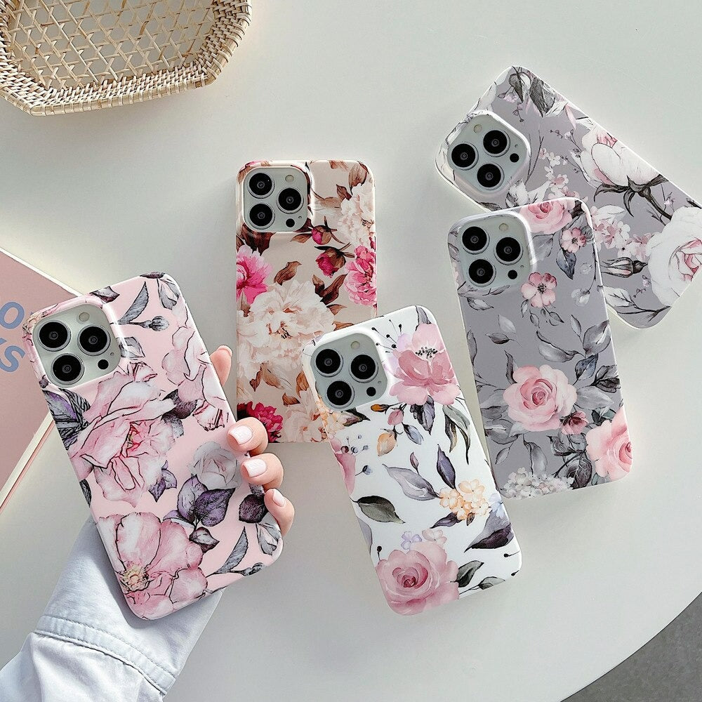 Anymob iPhone Case Silver Pink Retro Flower Silicone Plus Silky Design Shockproof Protection Durable Phone Cover iPhone Compatible-Mobile Phone Cases-PEROZ Accessories