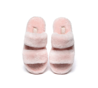 Australian Shepherd Double Strap Sheepskin Wool Fluffy Slides Women Jessica-Slides-PEROZ Accessories