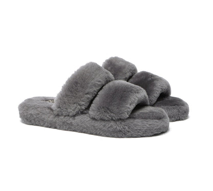 Australian Shepherd Double Strap Sheepskin Wool Fluffy Slides Women Jessica-Slides-PEROZ Accessories