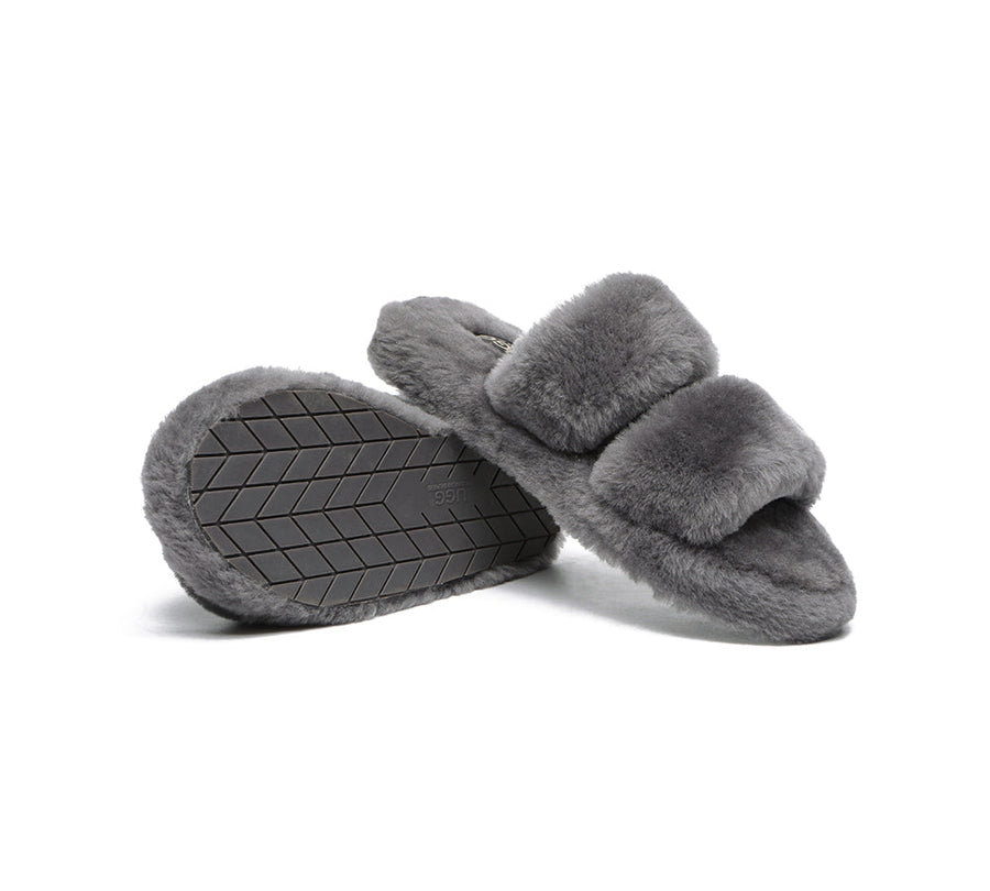 Australian Shepherd Double Strap Sheepskin Wool Fluffy Slides Women Jessica-Slides-PEROZ Accessories