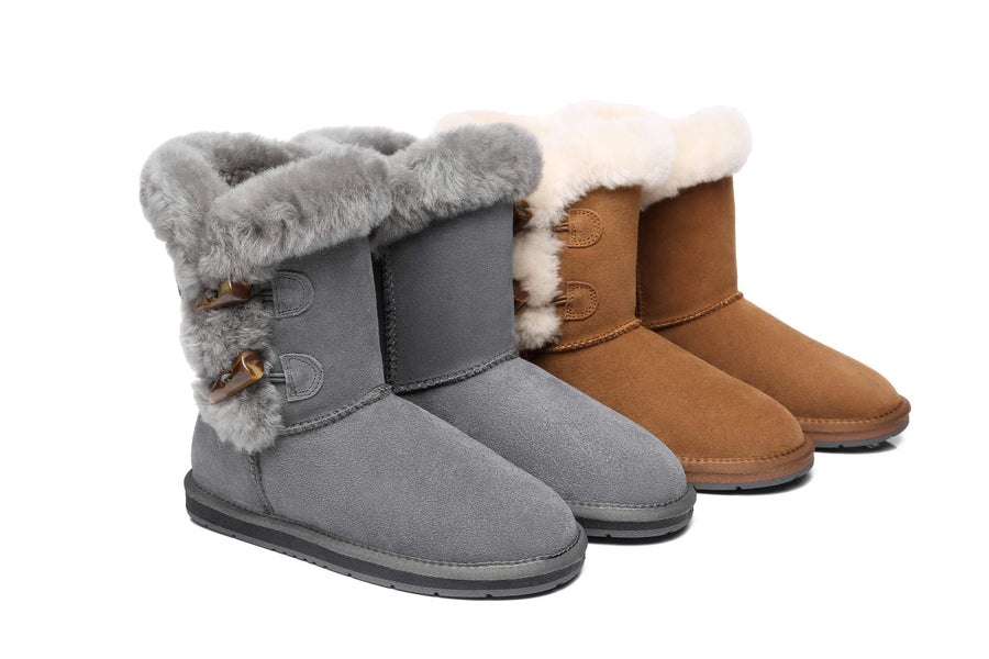 Australian Shepherd UGG Women Short Boots Talia Sheepskin Horn Toggle Closure-Boots-PEROZ Accessories