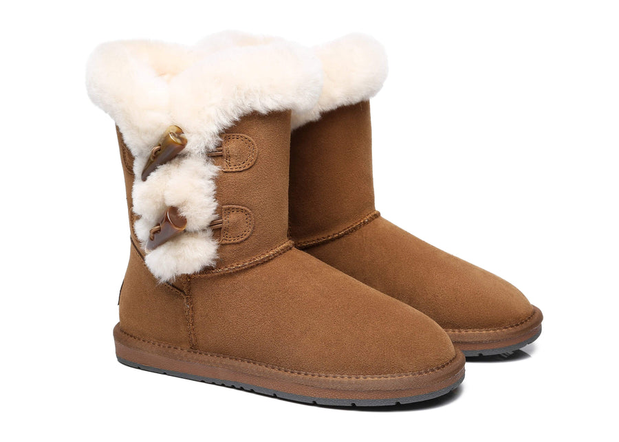 Australian Shepherd UGG Women Short Boots Talia Sheepskin Horn Toggle Closure-Boots-PEROZ Accessories