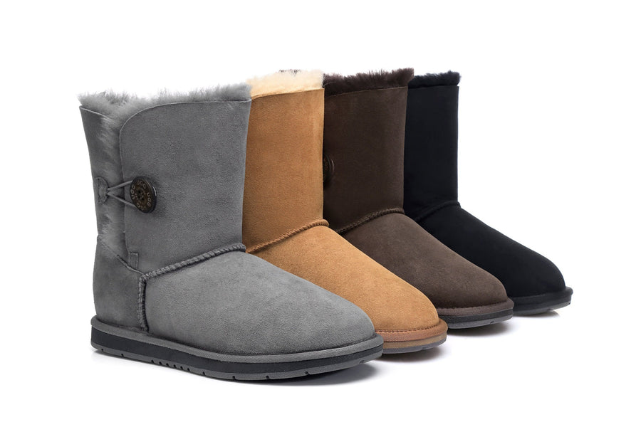 Australian Shepherd Sheepskin UGG Boots Short Button Water Resistant-Boots-PEROZ Accessories