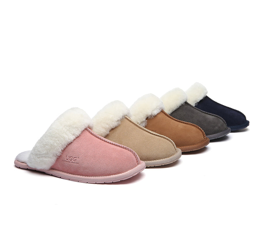 Australian Shepherd Premium Sheepskin Wool Unisex Scuff Ugg Slippers Rosa Water Resistant-Slippers-PEROZ Accessories