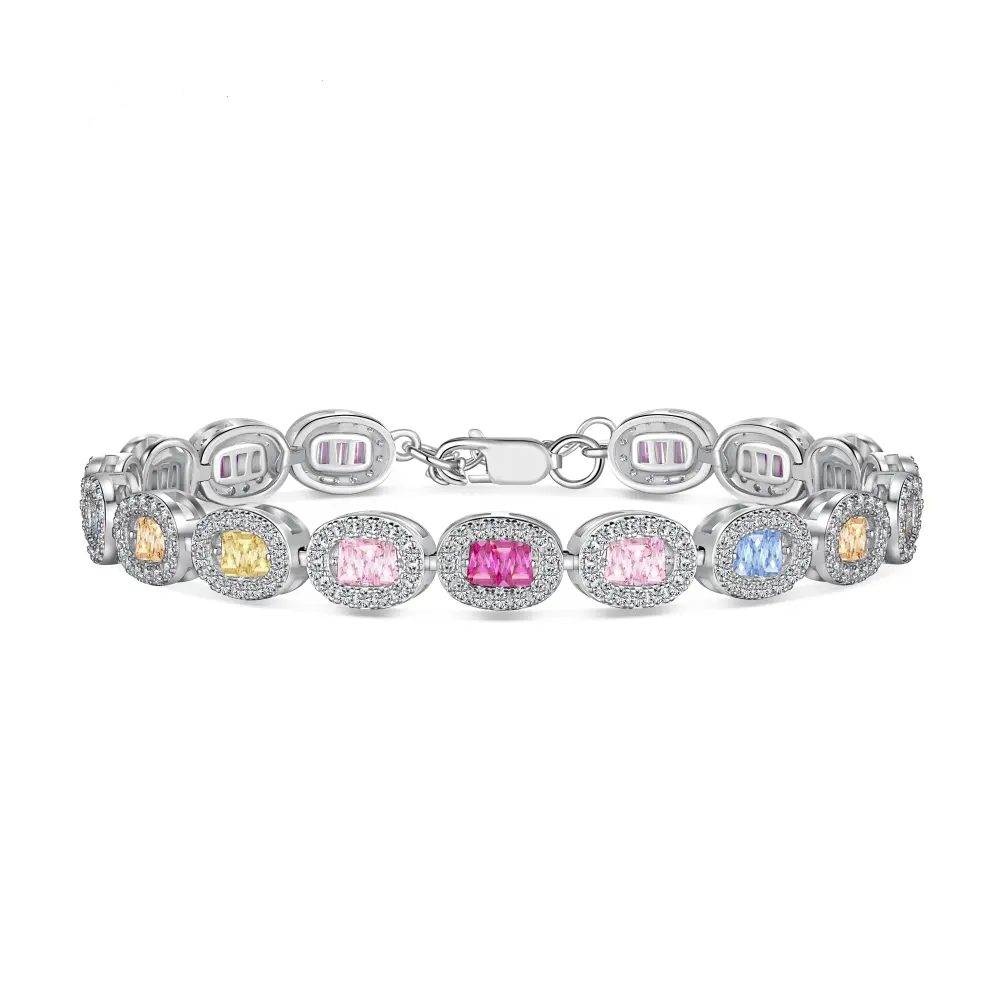 Anyco Bracelet Sparkling 925 Sterling Silver Bracelet Jewelry Set Cubic Zirconia Colorful Pink Stone Diamond Tennis Bracelets Women-Bracelets-PEROZ Accessories