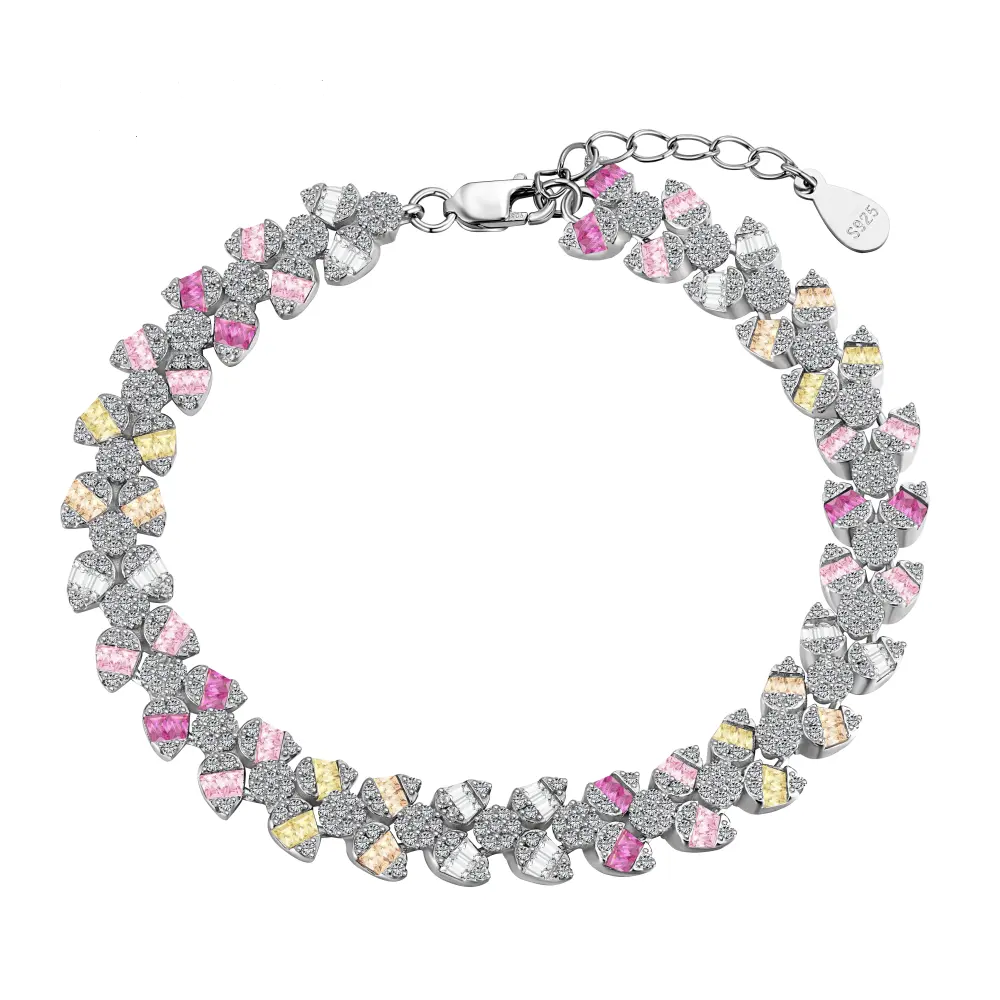 Anyco Bracelet Iced Out s925 Sterling Silver Bracelet Jewelry Set Cz Cubic Zirconia Colorful Pink Stone Diamond Tennis Bracelets Women-Bracelets-PEROZ Accessories