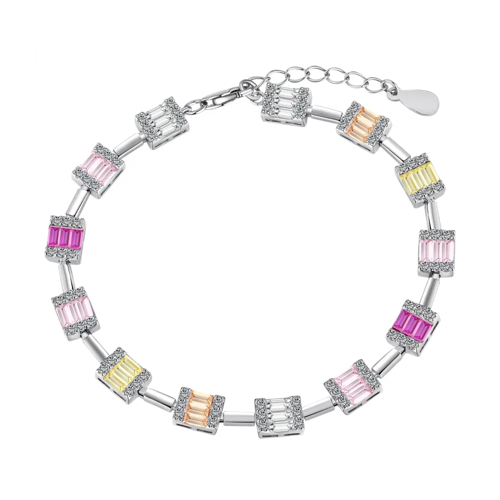Anyco Bracelet Bling S925 Sterling Silver Bracelet Jewelry Set Cubic Zirconia Colorful Pink Stone Diamond Tennis Bracelets Women-Bracelets-PEROZ Accessories