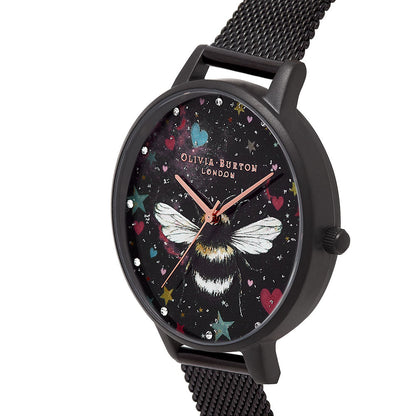 Olivia Burton Ionic Plated Black Steel White Mother Of Pearl &amp; 3D Print &amp; Stone Dial Ladies Watch - OB16WG87-Quartz Watches-PEROZ Accessories
